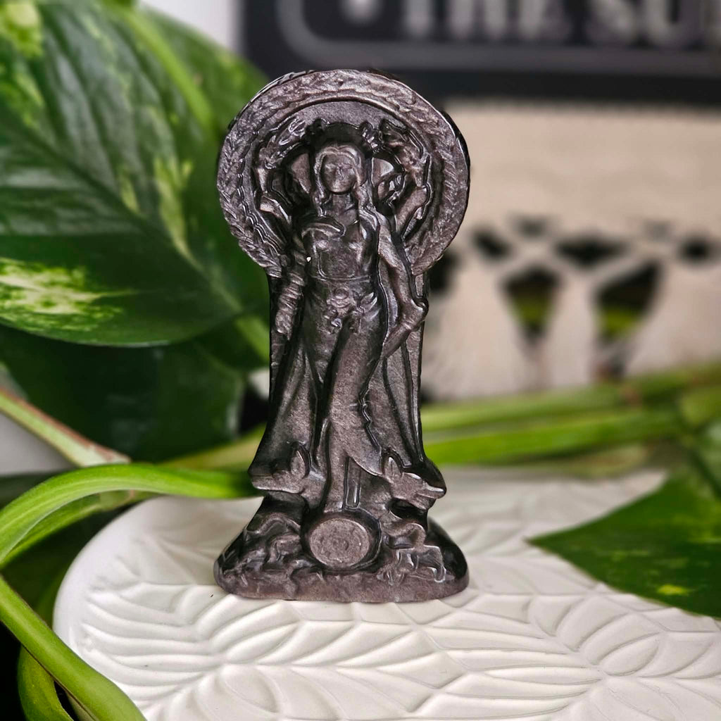 Hekate Silver Sheen Obsidian Statue