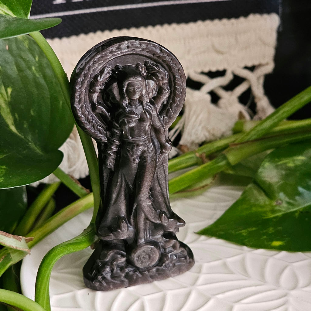 Hekate Silver Sheen Obsidian Statue