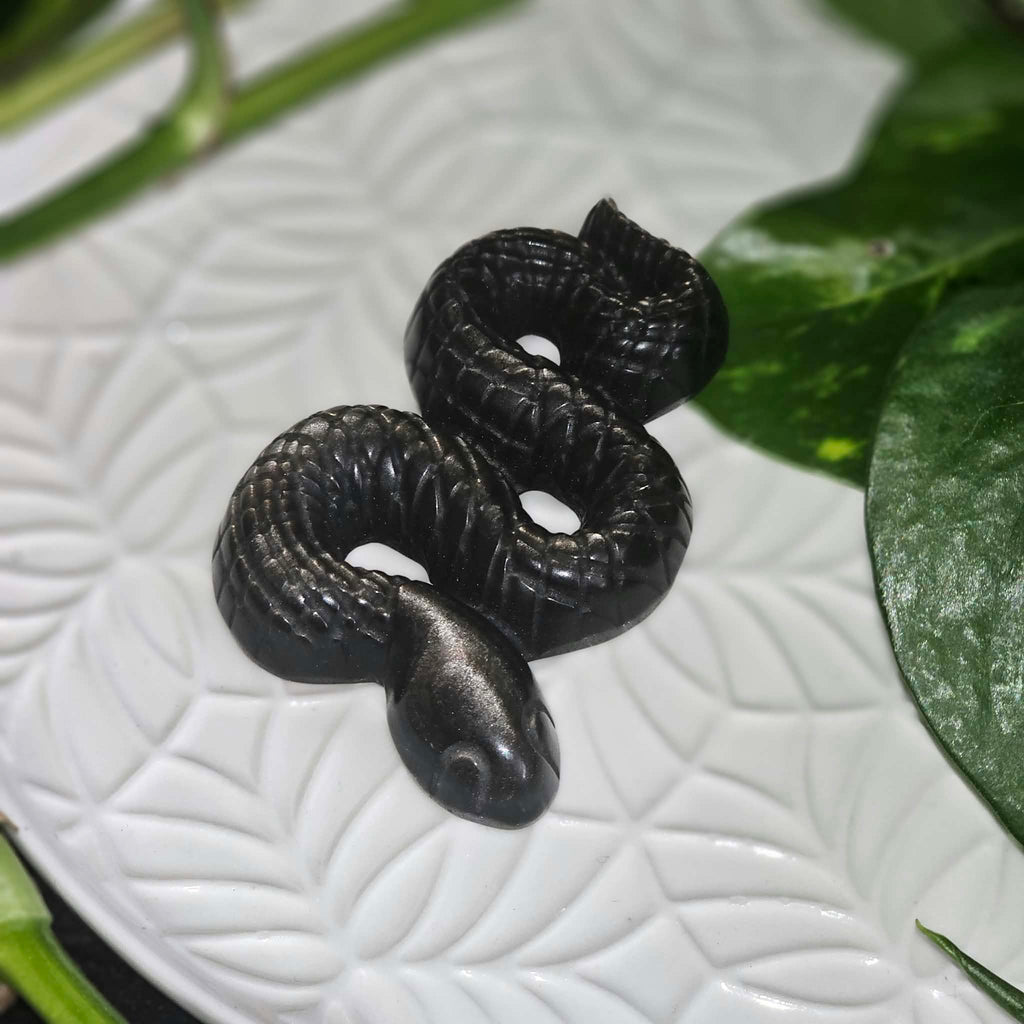 Silver Sheen Obsidian Snake Carving