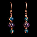 Copper Wire Wrapped Teal & Purple Glass Bead Earrings