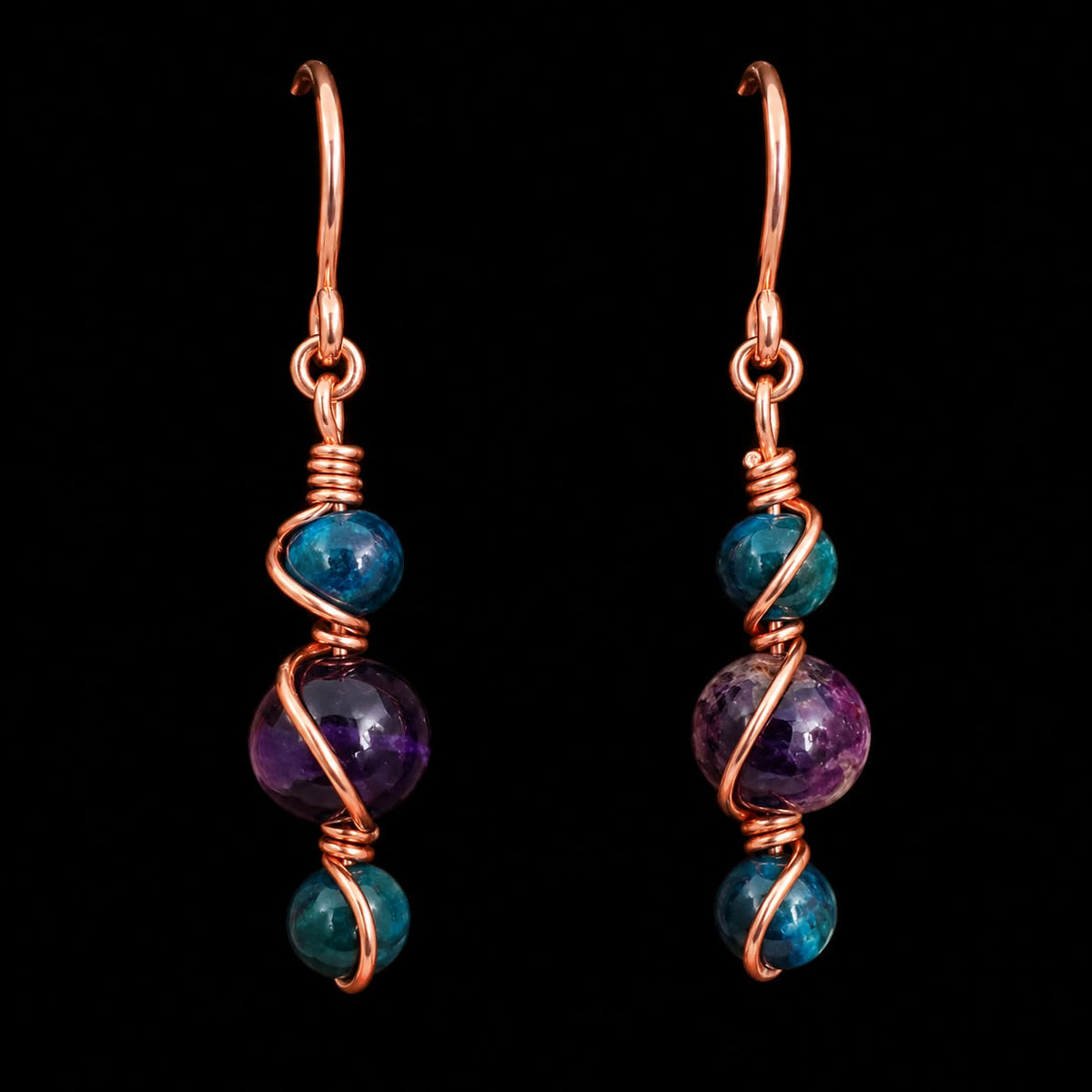 Copper Wire Wrapped Teal & Purple Glass Bead Earrings