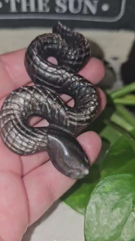 Silver Sheen Obsidian Snake Carving